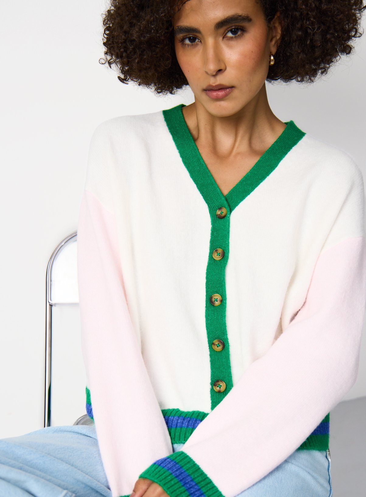 White Pink and Green Colour Block Knitted V Neck Cardigan S - Image 1 thumbnail